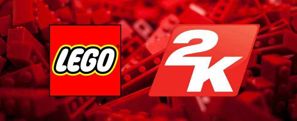 A lego and a 2K logo on a background of red Lego bricks
