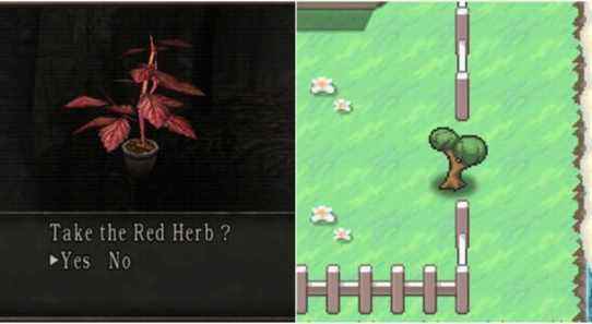(Left) Red herb from Resident Evil 4 (Right) Small tree from Pokemon