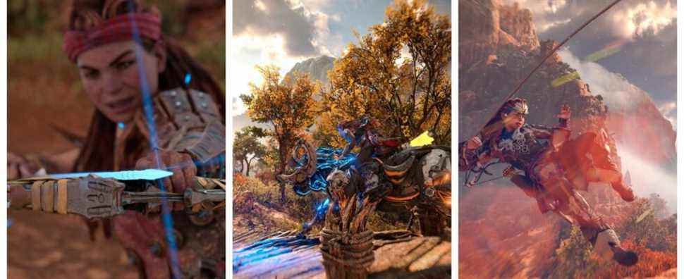 aloy pulling a sharp, blue arrow back; aloy riding a charger machine; aloy pulling herself up through the air with a rope