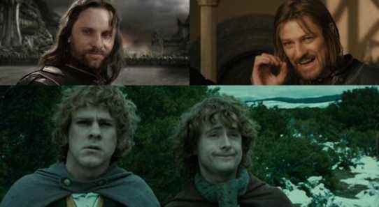 Film stills of the Lord of The Ring Triliogy featuring Aragorn, Boromir, Meriadoc Brandybuck, and Pippin Took.