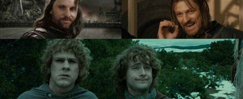 Film stills of the Lord of The Ring Triliogy featuring Aragorn, Boromir, Meriadoc Brandybuck, and Pippin Took.