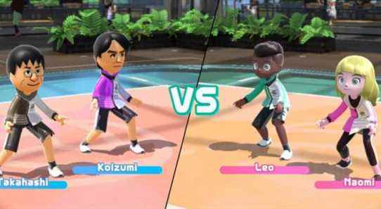 Yoshiaki Koizumi and Shinya Takahashi's Miis playing volleyball against NPCs in Nintendo Switch Sports