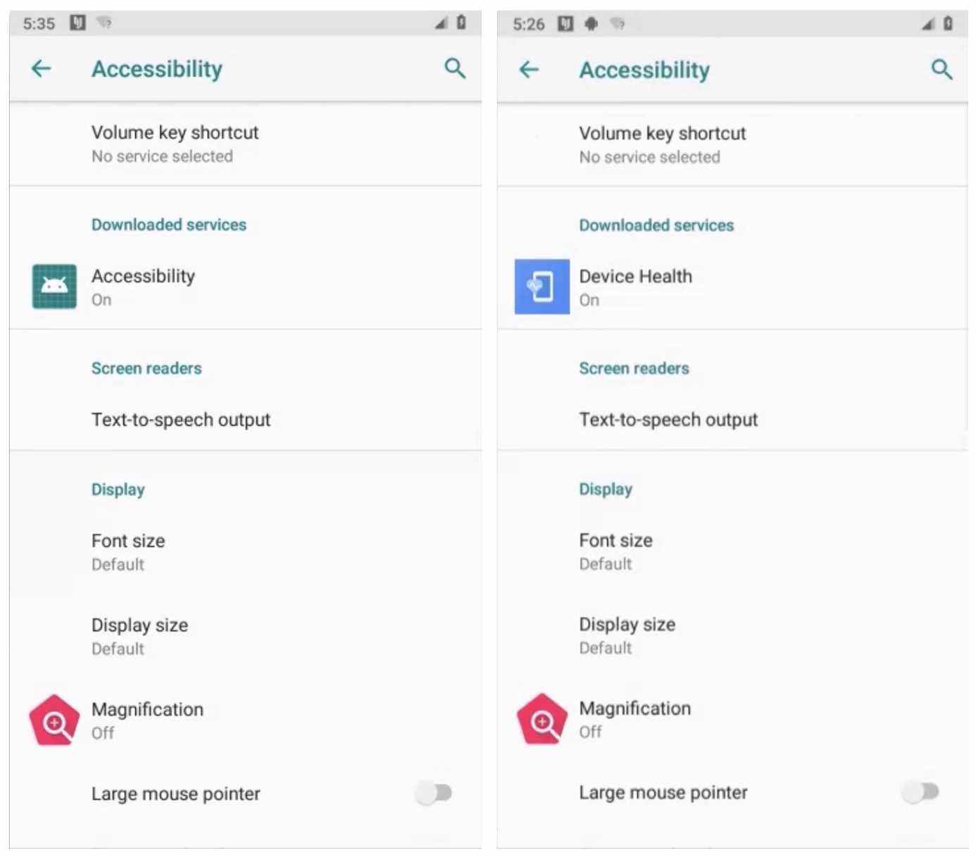 Une capture d'écran des paramètres d'accessibilité d'Android.