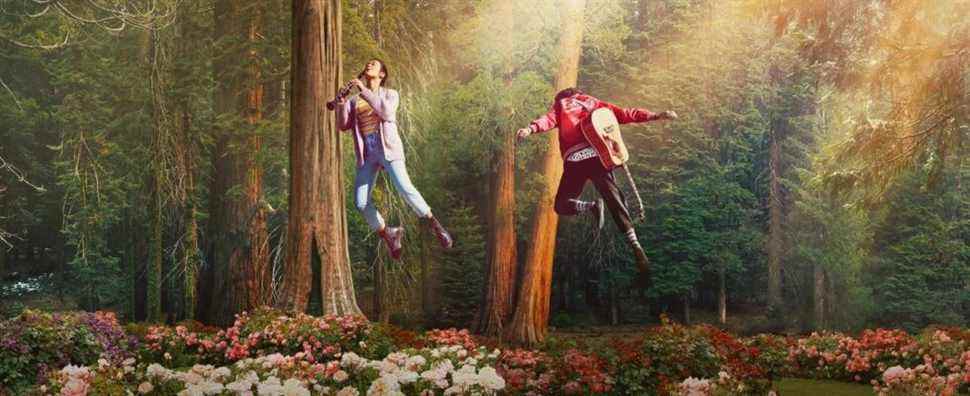 The couple in love float in the woods