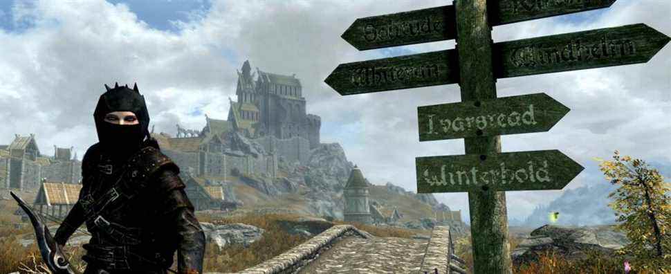 A screenshot from Elder Scrolls 5: Skyrim showing a stealth character next to a sign post just outside Whiterun.