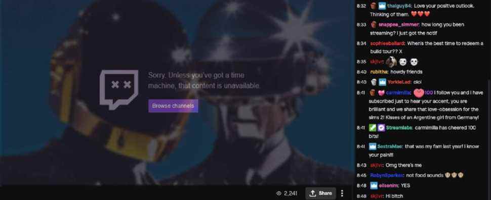 Daft Punk on Twitch showing an unavailable video