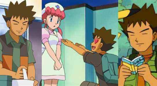 Brock making Pokemon food; Brock professing his love for Nurse Joy; Brock reading a book while traveling with Ash