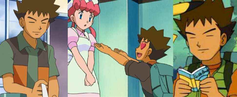Brock making Pokemon food; Brock professing his love for Nurse Joy; Brock reading a book while traveling with Ash
