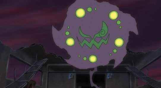 Spiritomb rising above a ruined building in the Pokemon Journeys anime