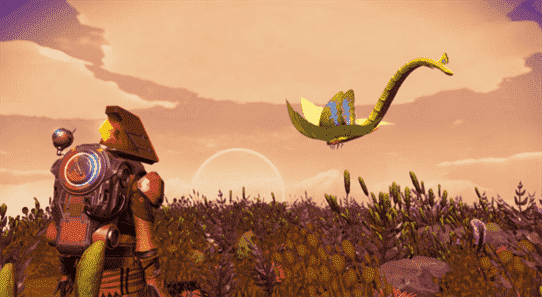 Screenshot from No Man's Sky showing the Traveller on a planet with a flying dragon-like creature hovering above the ground.
