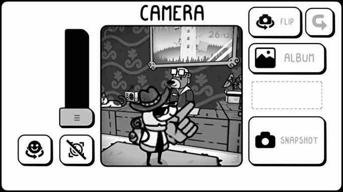 Toem - Le viseur d'un appareil photo manuel dans un monde en niveaux de gris.  Un personnage poss avec un doigt en mousse à côté d'un ours réceptionniste.  L'interface de la caméra comporte une barre de salle et plusieurs autres boutons.