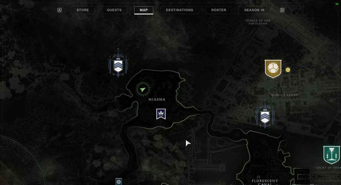 La carte de localisation des débris à scanner dans Miasma dans Destiny 2 : La Reine Sorcière
