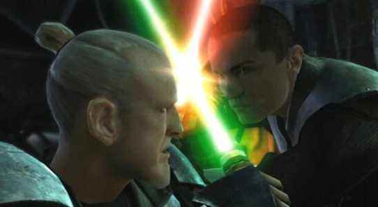 Rahm Kota and Starkiller locking lightsabers in Star Wars: The Force Unleashed