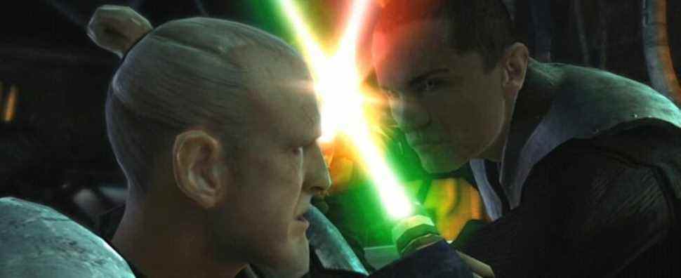 Rahm Kota and Starkiller locking lightsabers in Star Wars: The Force Unleashed