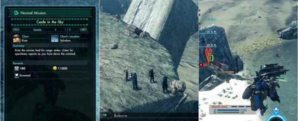 Xenoblade Chronicles X Castle in the Sky split image of mission description, Bobora, and Jacul Ire flying
