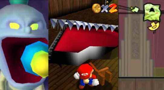 Chauncey screaming in Luigi's Mansion 3D; the Mad Piano attacking Mario in Super Mario 64; Mimi's transformed form in Super Paper Mario