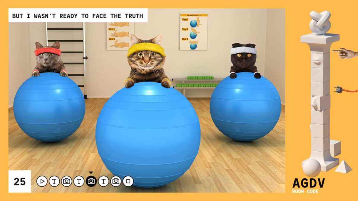 Points de discussion - Une simulation de présentation PowerPoint montre trois chats sur des balles de yoga avec la légende 