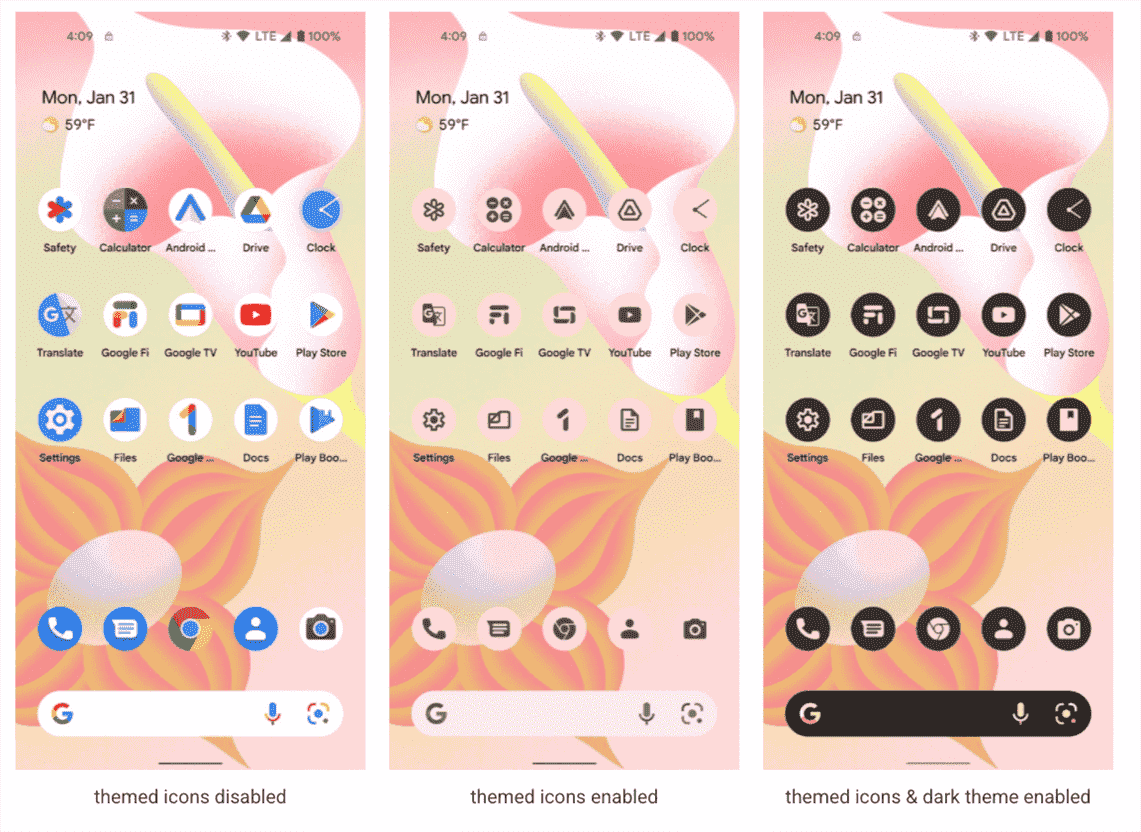 icônes sur le thème Android 13 - gauche désactivée, milieu activée, droite activée et mode sombre