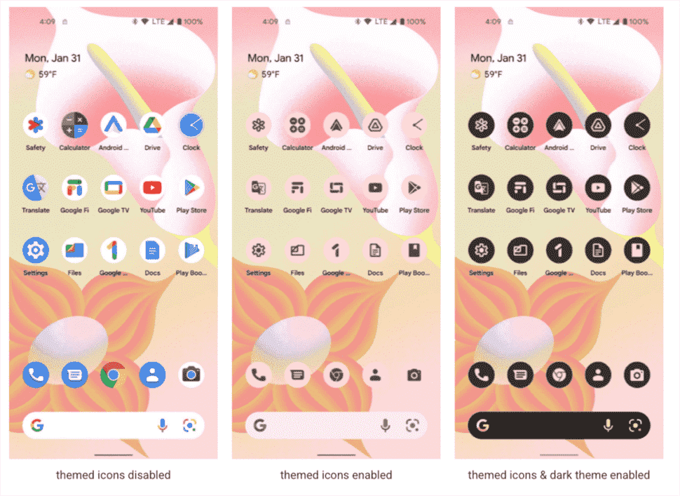Les icônes thématiques sortent de la version bêta d'Android 13. 