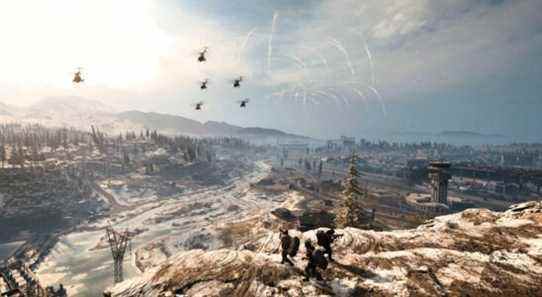 call of duty warzone solider squad mountain helicopters city sky