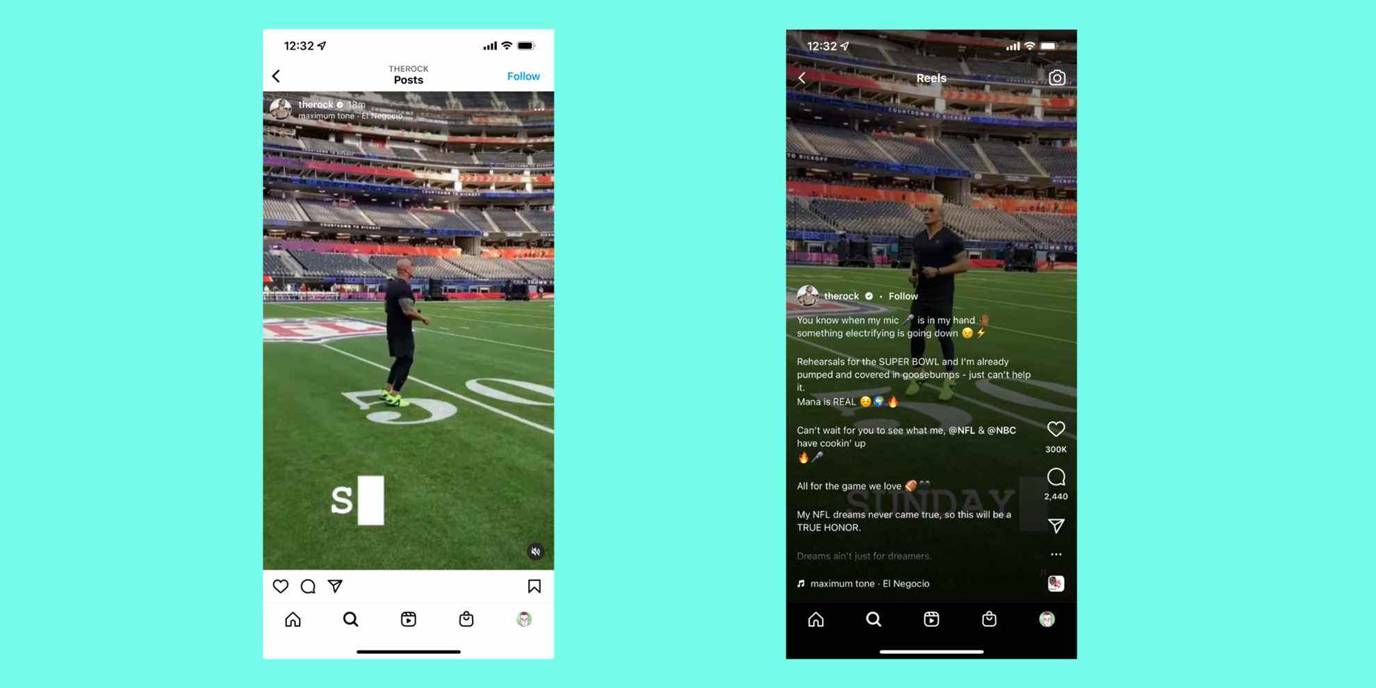 Photos de la publication Instagram de Dwayne Johnson mettant en vedette la mégastar sur le terrain du Super Bowl