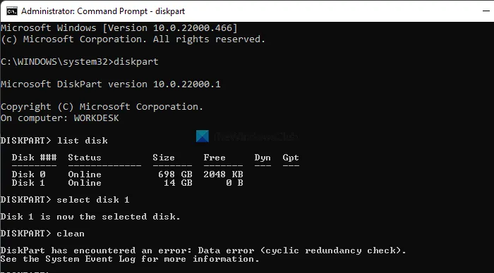 DiskPart a rencontré une erreur Data error cyclic redundancy check