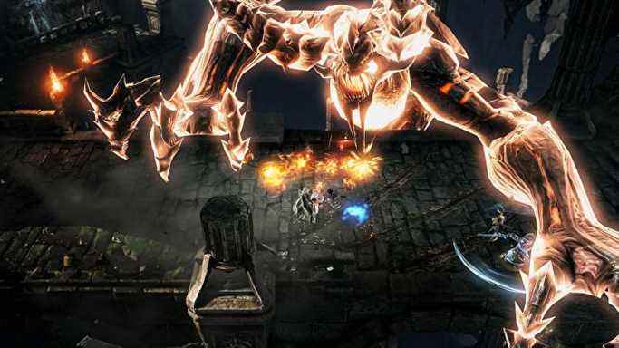 Une capture d'écran du RPG d'action MMO Lost Ark, montrant un joueur brillant sur un pont de pierre attaqué par un énorme démon brillant.