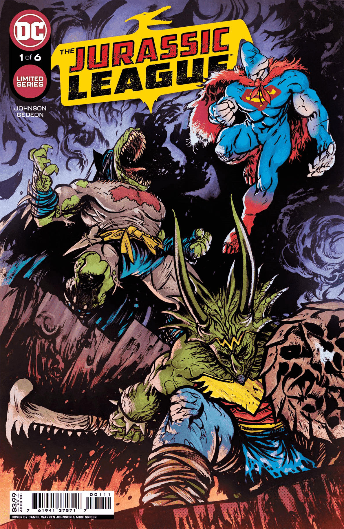 Batman, Superman et Wonder Woman en dinosaures anthropomorphes sur la couverture de Jurassic League #1 (2022).