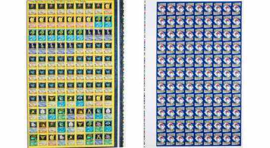 Feuille de cartes Pokémon non coupées de 1998 trouvées, mises aux enchères