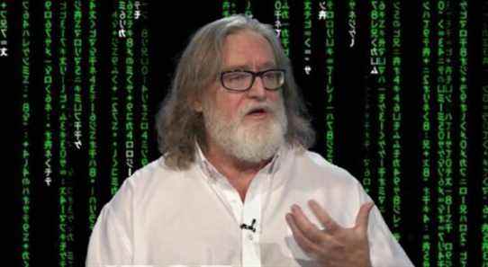 Gabe Newell against a Matrix code background.