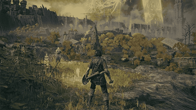 Une scène d'Elden Ring montrant le personnage du joueur regardant la région de Limgrave.  Cela montre le préréglage Graphiques maximum.