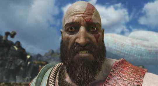 Screenshot from God of War showing a close up of a very worried Kratos.