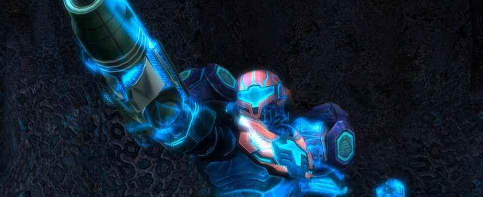 Metroid's Samus Aran aiming her arm cannon