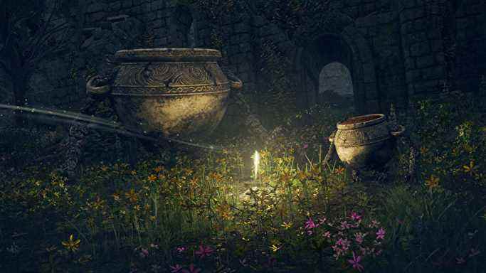 Urnes avec bras et jambes au milieu de ruines envahies par la végétation dans une capture d'écran Elden Ring.