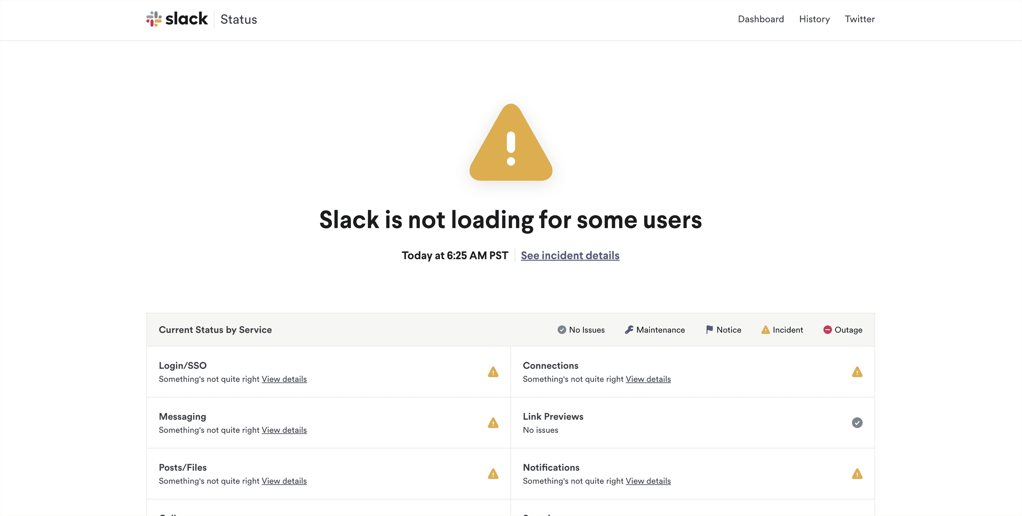 Page d'état du système Slack