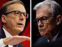 Le gouverneur de la Banque du Canada, Tiff Macklem, à gauche, et le président de la Réserve fédérale américaine, Jerome Powell, ont tous deux maintenu les taux mercredi. 