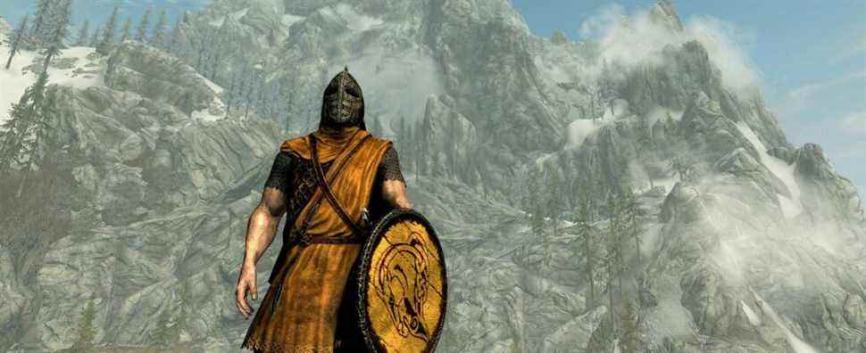 Image from Skyrim showing a guard in the foreground with the Throat of the World mountain in the background.
