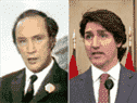 À gauche, Pierre Trudeau annonce que le gouvernement fédéral a proclamé la Loi sur les mesures de guerre le 16 octobre 1970. À droite, Justin Trudeau annonce que le gouvernement fédéral a invoqué la Loi sur les mesures d'urgence le 14 février 2022.