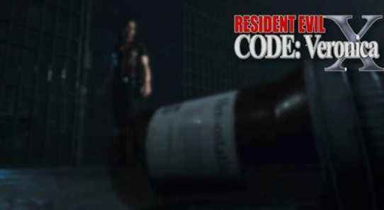 Image from fan made Resident Evil: Code Veronica remake showing a bottle of pills in the foreground and Claire Redfield in the background.