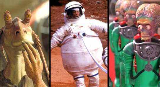 Jar Jar Binks Embarassed, Randall In A Bloated Space Suit, Invader Alien Looking Skeptical
