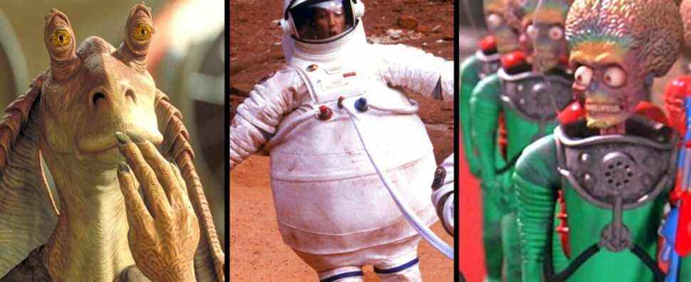 Jar Jar Binks Embarassed, Randall In A Bloated Space Suit, Invader Alien Looking Skeptical