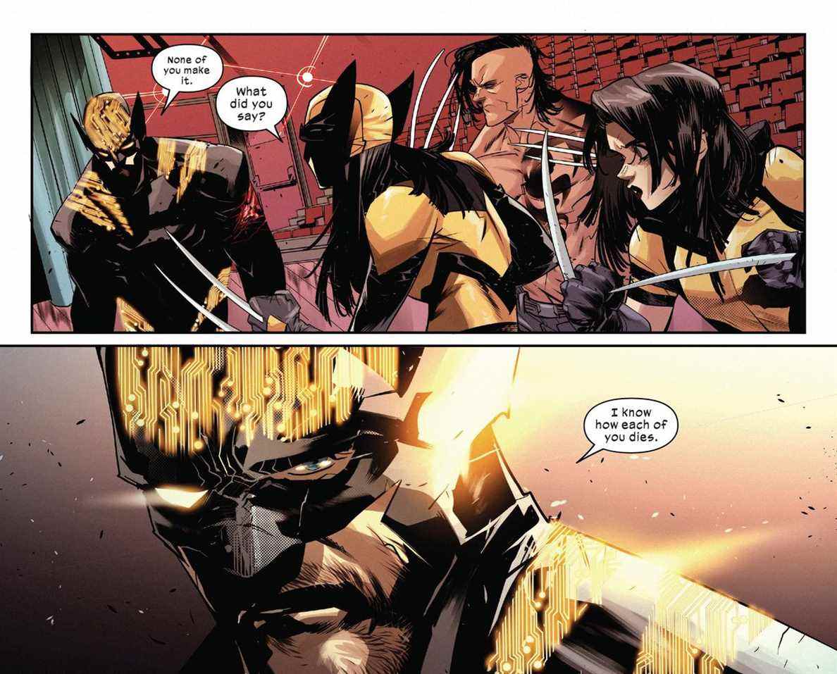 Les trois enfants de Wolverine, Laura, Daken et Gabby, affrontent une version de leur père dont le costume est recouvert d'étranges circuits.  « Je sais comment chacun de vous meurt », dit-il tristement, dans X Deaths of Wolverine #3 (2022). 