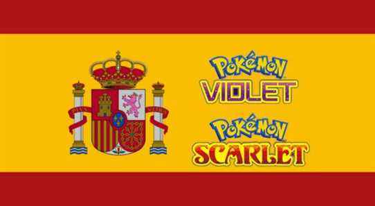 The Pokemon Violet and Pokemon Scarlet text logo with the flag of Spain.