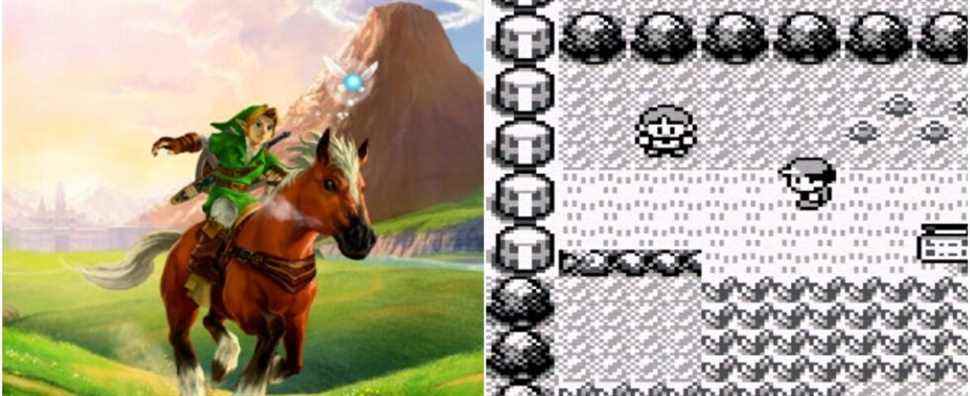 (Left) Link riding Epona (Right) Two people standing in a field