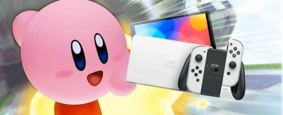 A Nintendo Switch OLED in front of Kirby from Kirby Air Ride zooming by on a Warp Star
