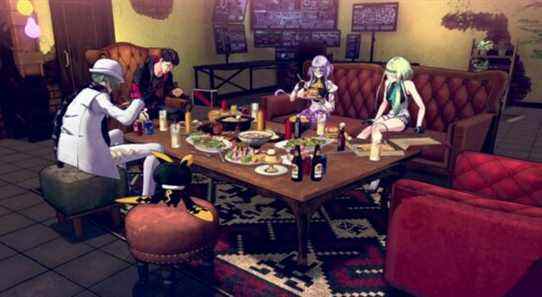 Ringo, Figue, Arrow, and Psyzo eating together in Devil Summoner: Soul Hackers 2