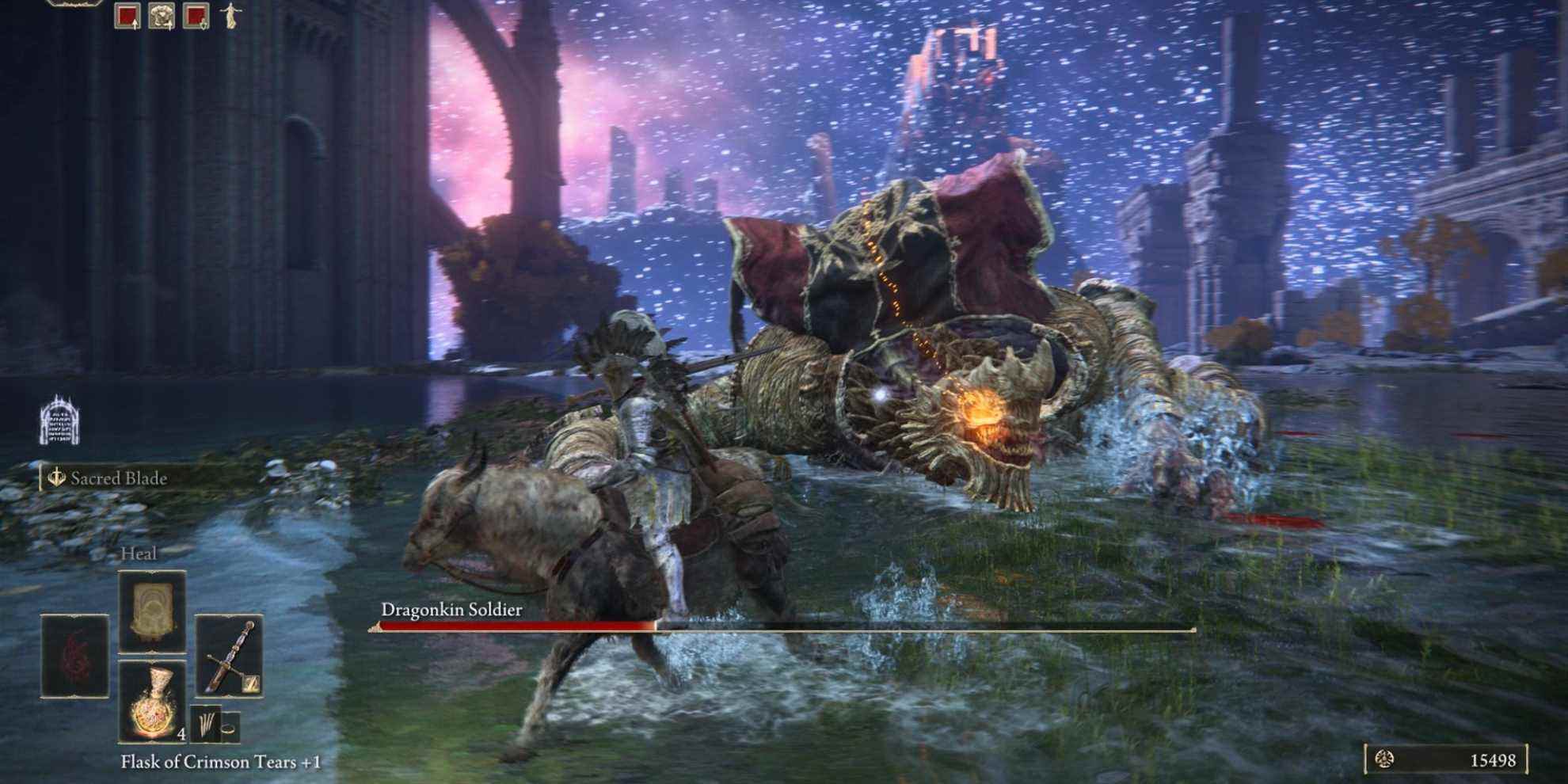 Le personnage du joueur combattant le boss Dragonkin Soldier sur Torrent dans Elden Ring