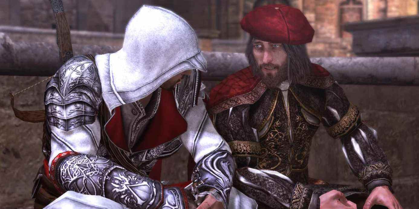 Capture d'écran Assassin's Creed Brotherhood Ezio et Léonard de Vinci assis ensemble