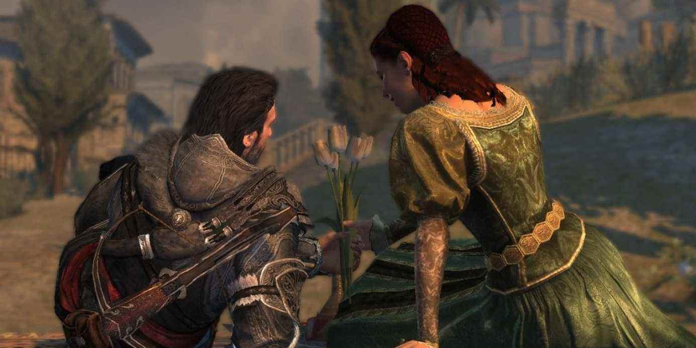 Capture d'écran Assassin's Creed Revelations Ezio donnant une fleur à Sofia