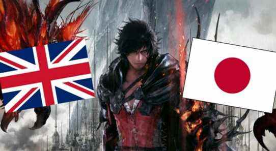 The U.K.'s flag and Japanese flag appear in front of Clive Rosfield from Final Fantasy 16